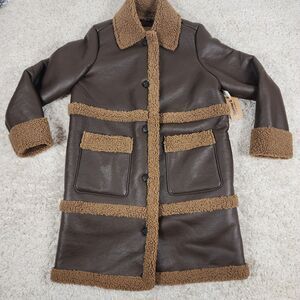 Bearpaw Parka Jacket Womens Large Brown Faux Leather Fur Sherpa Long Coat Winter